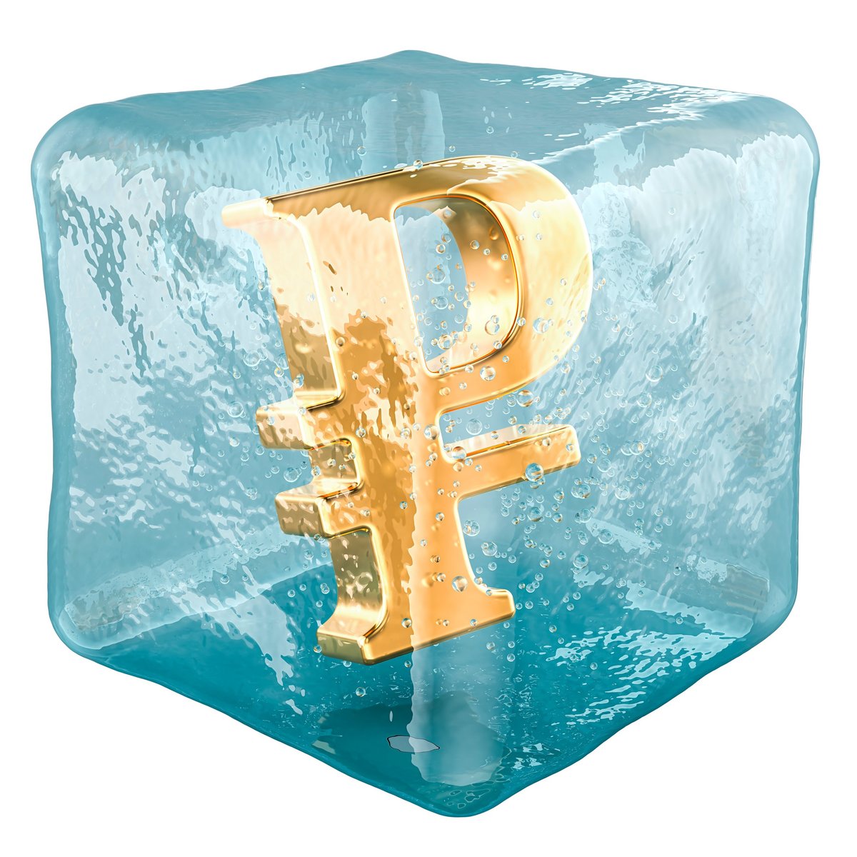 Ruble symbol frozen in ice cube, 3D rendering representing frozen bank account
